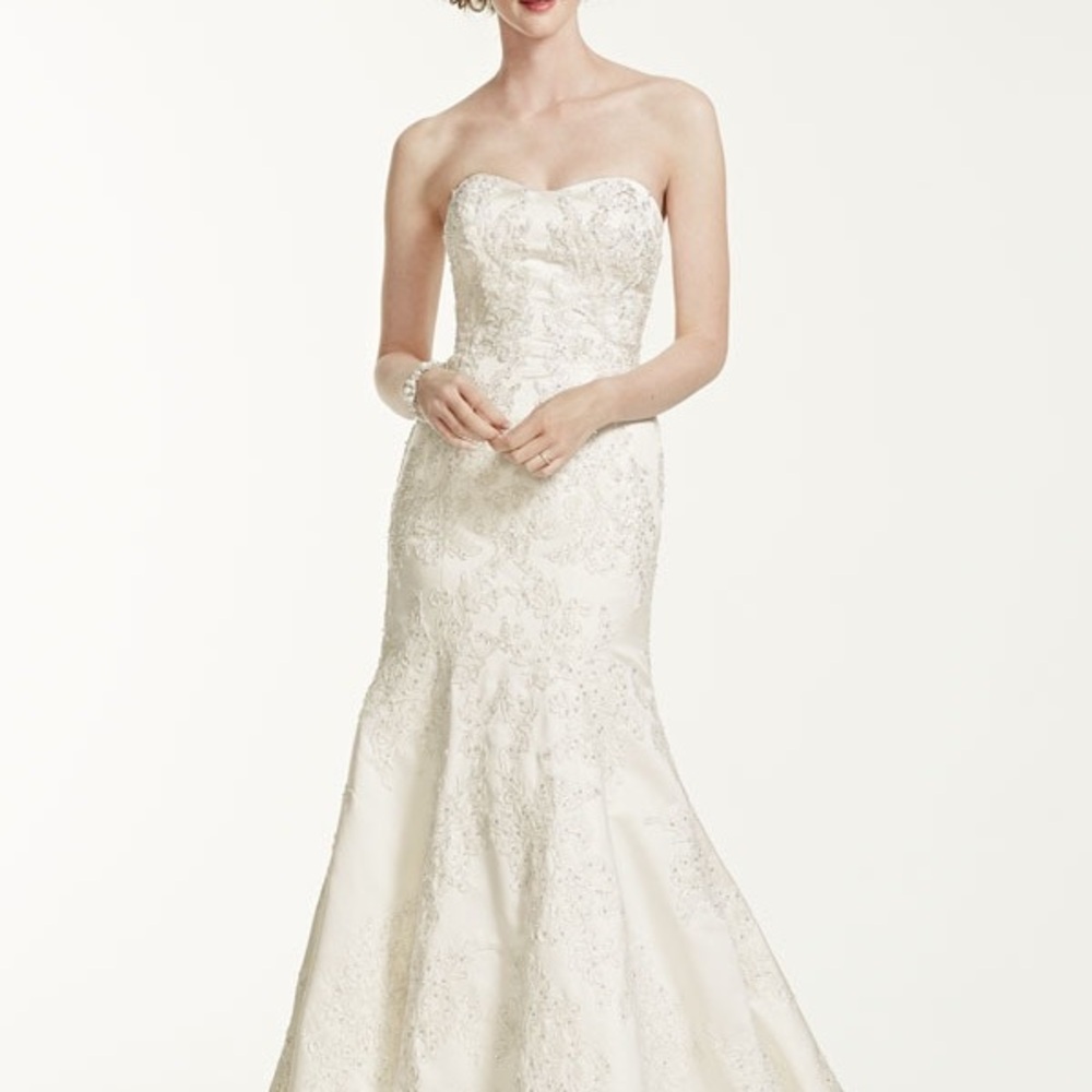Oleg Cassini Style CWG594 Ivory Strapless Crystal and Lace Trumpet Wedding Gown